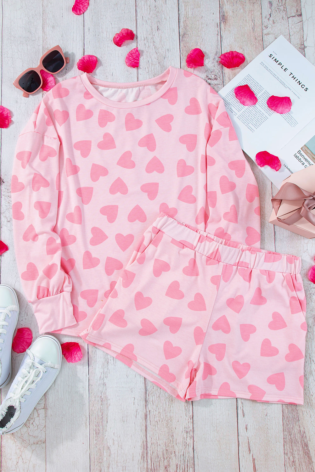 Black Heart Shape Print Long Sleeve Top and Shorts Loungewear Set