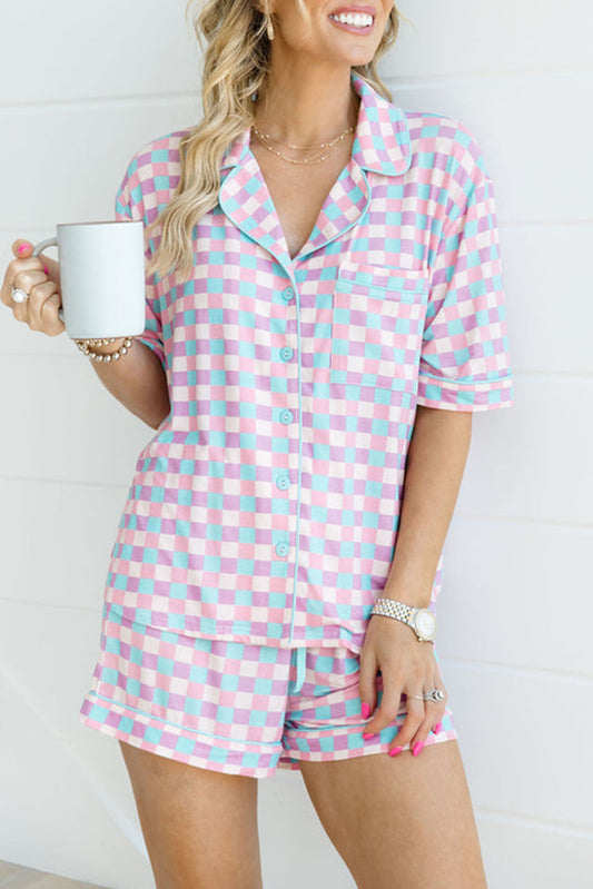 Purple Checkered Pattern Short Sleeve Pajamas Set