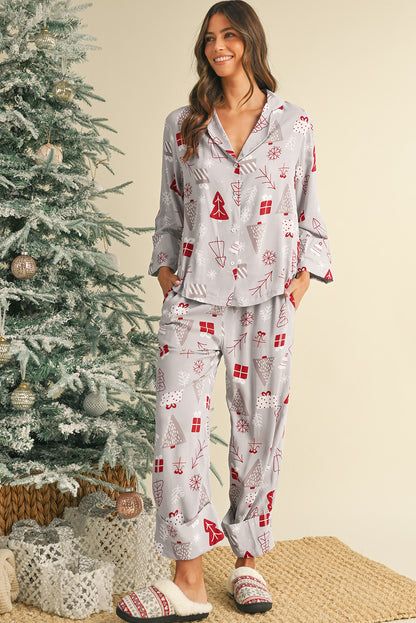 Light Grey Christmas Deer Printed Shirt and Pants Pajama Set