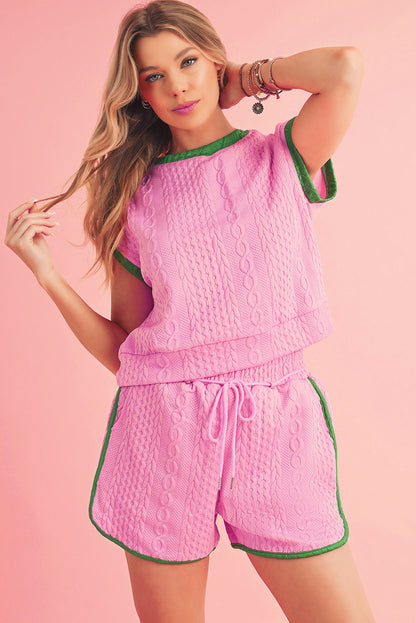 Pink Textured Contrast Trim Tee & Drawstring Shorts Set