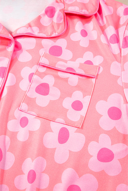 Pink Flower Print Buttoned Shirt and Drawstring Waist Pajama Set