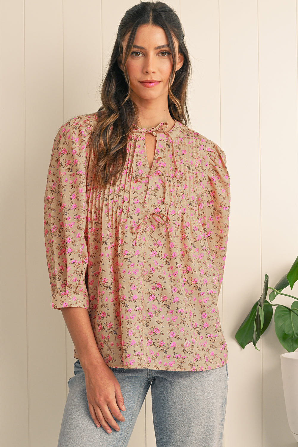 Light French Beige Ditsy Floral Print Bow Front Puff Sleeve Blouse