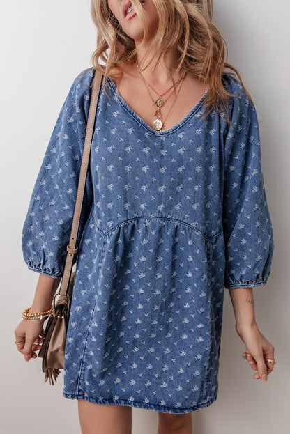 Ashleigh Blue Lace-up Back Loose Fit V Neck Denim Dress