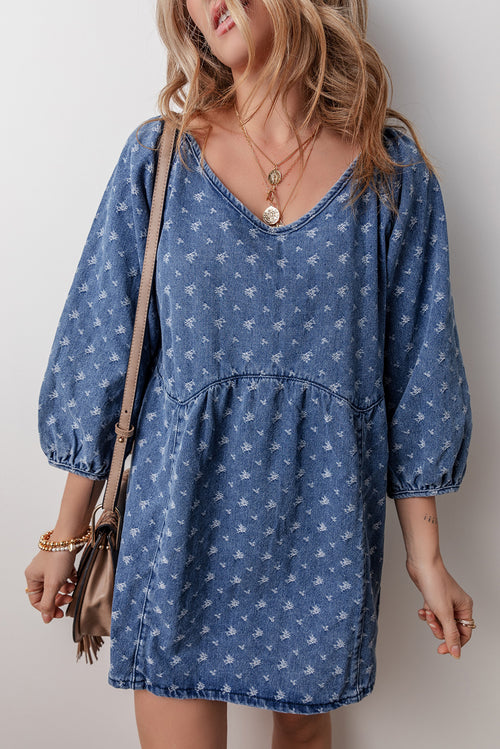 Ashleigh Blue Lace-up Back Loose Fit V Neck Denim Dress