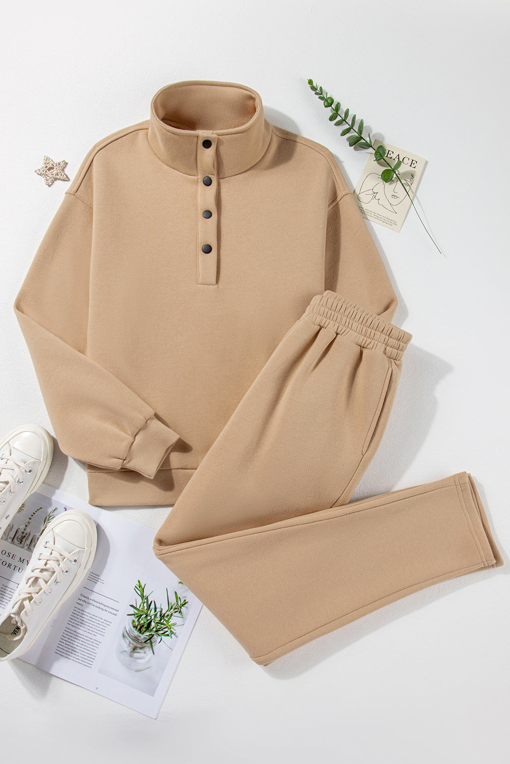 Parchment Solid Half Button Sweatshirt and High Waist Pants Set