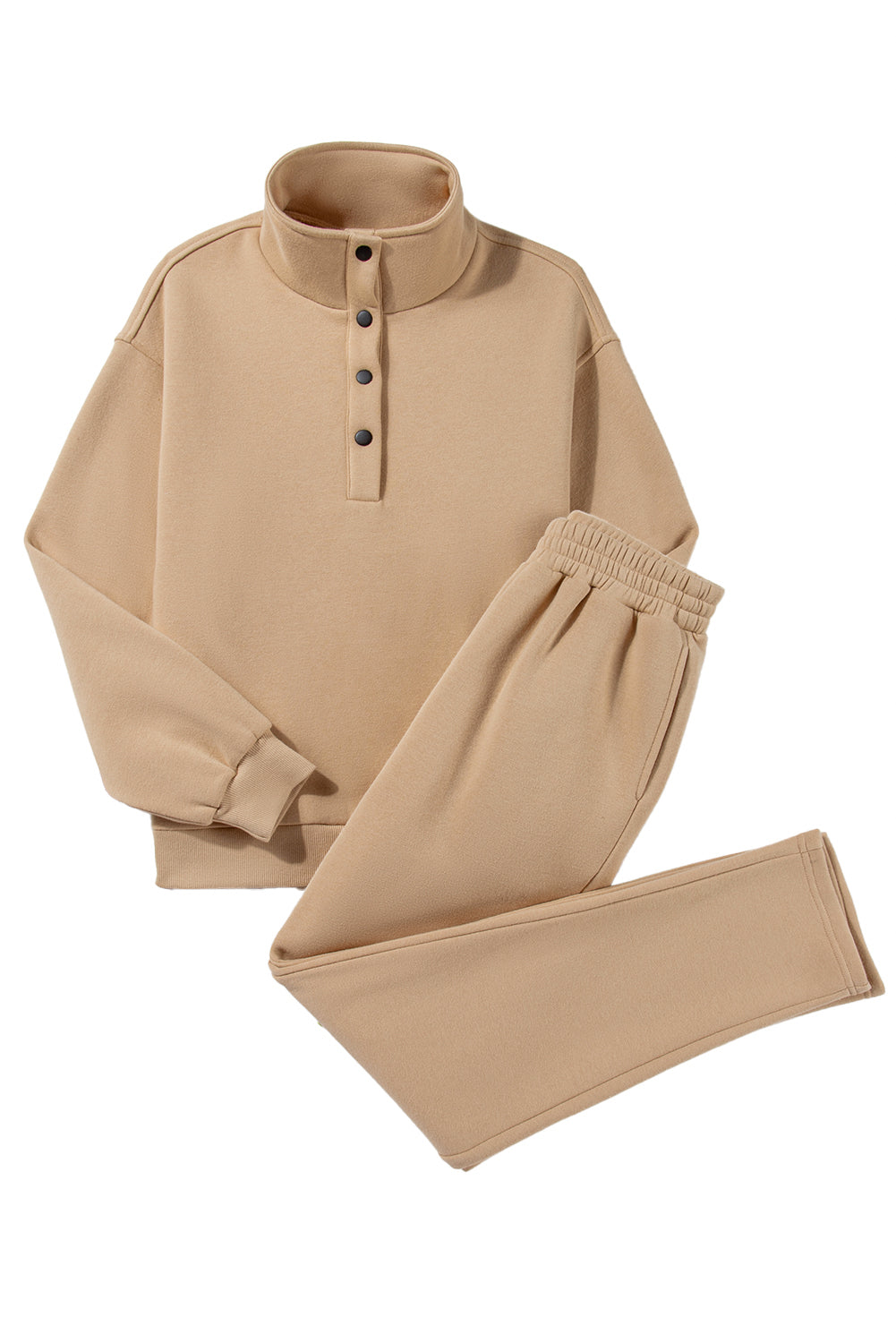 Parchment Solid Half Button Sweatshirt and High Waist Pants Set