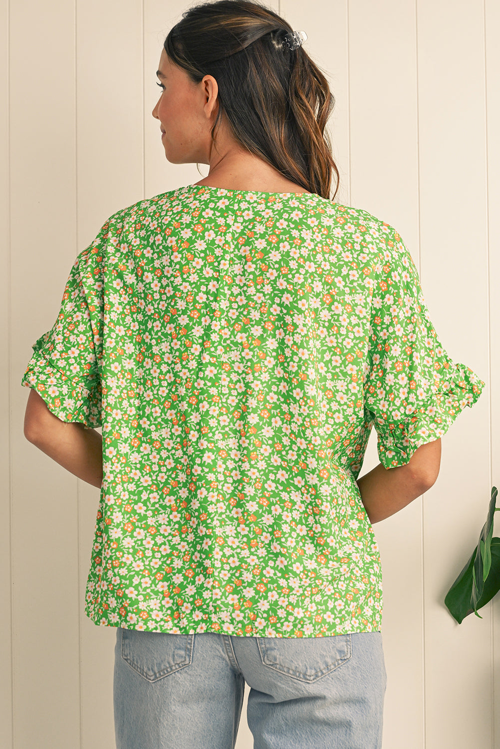 Green Floral Print Ruffle Sleeve V Neck Pleated Blouse