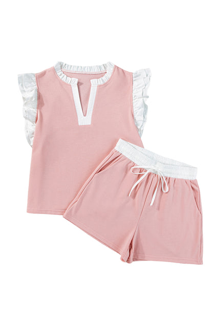 Light Pink Contrast Trim Ruffled Top & Drawstring Shorts Set