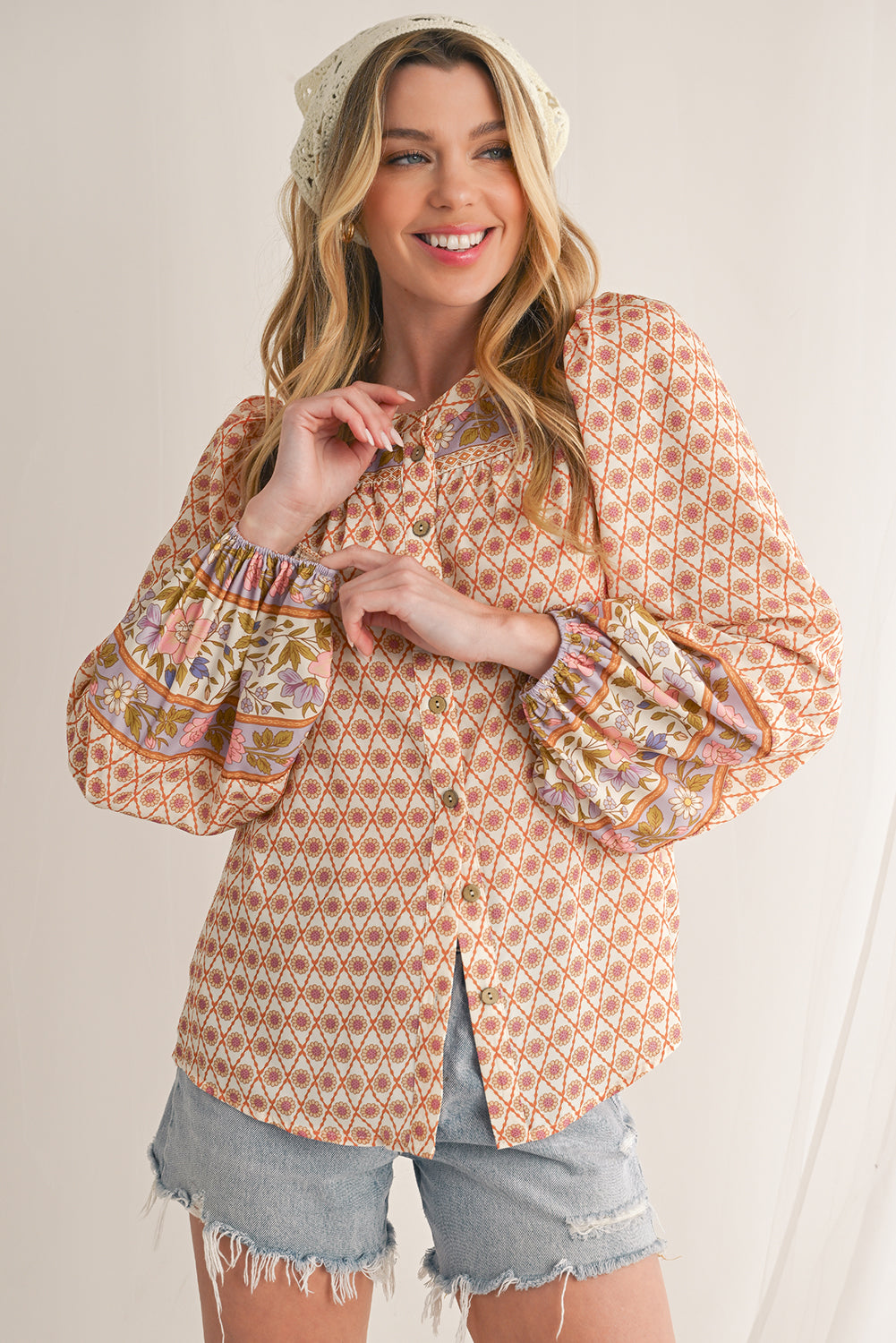 Multicolour Boho Floral Puff Sleeve V-Neck Button Blouse