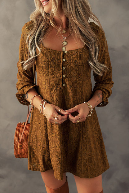 Chestnut Lace Crochet Buttoned Square Neck Mini Dress