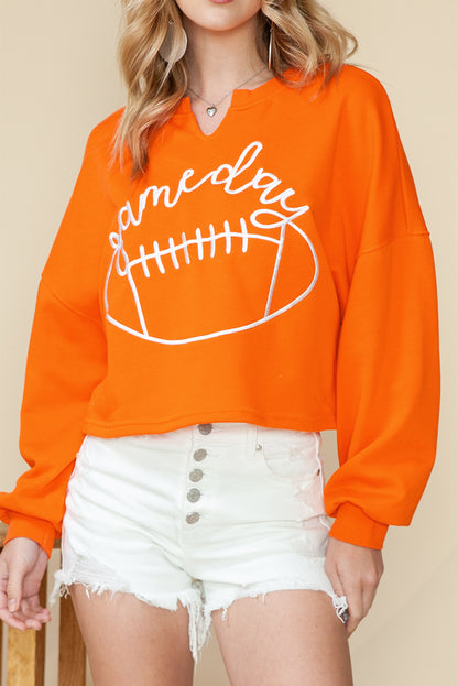 Bright White Game Day Lettering Rugby Notched Neck Cropped Sweatshirt