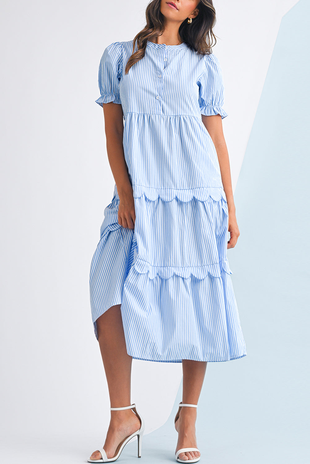 Sky Blue Stripe Bubble Sleeve Scallop Tiered Dress