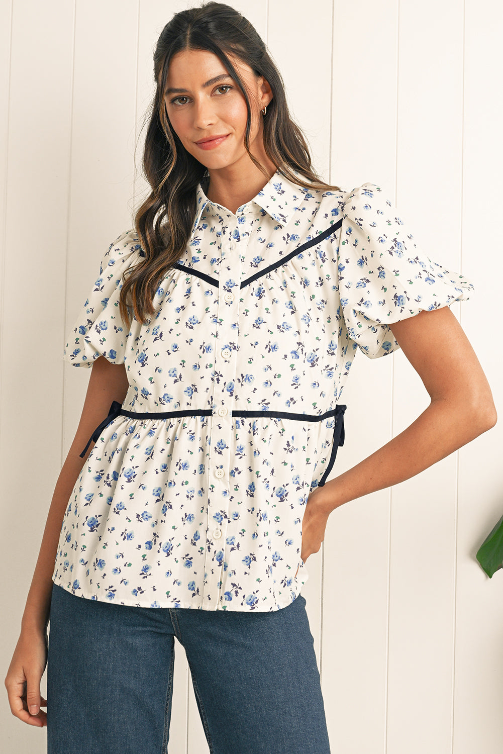 White Boho Ditsy Floral Puff Sleeve Pleated Shirt