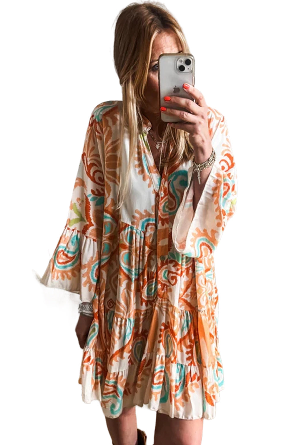 Green Ethnic Print Boho Tiered Mini Flowy Dress