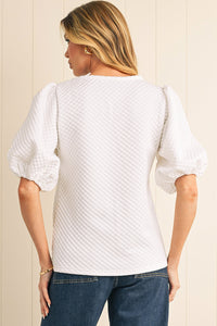 White Solid Textured O Neck Puff Sleeve Blouse