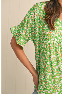 Green Floral Print Ruffle Sleeve V Neck Pleated Blouse