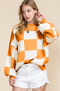 Khaki Plaid Bishop Sleeve Pullover Sweater