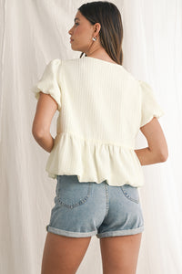 White Bow Front Babydoll Textured Blouse