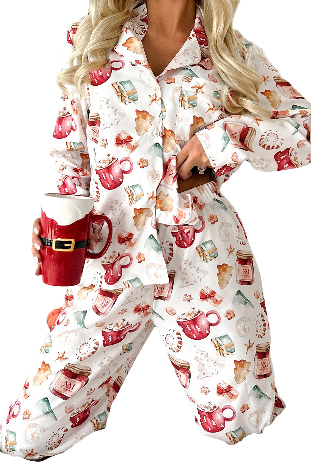 White Christmas Pattern Long Sleeve Shirt and Pants Pajama Set