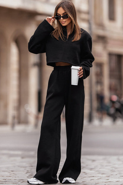 Black Zipped Collared Cropped Top and Wide Leg Pants Set