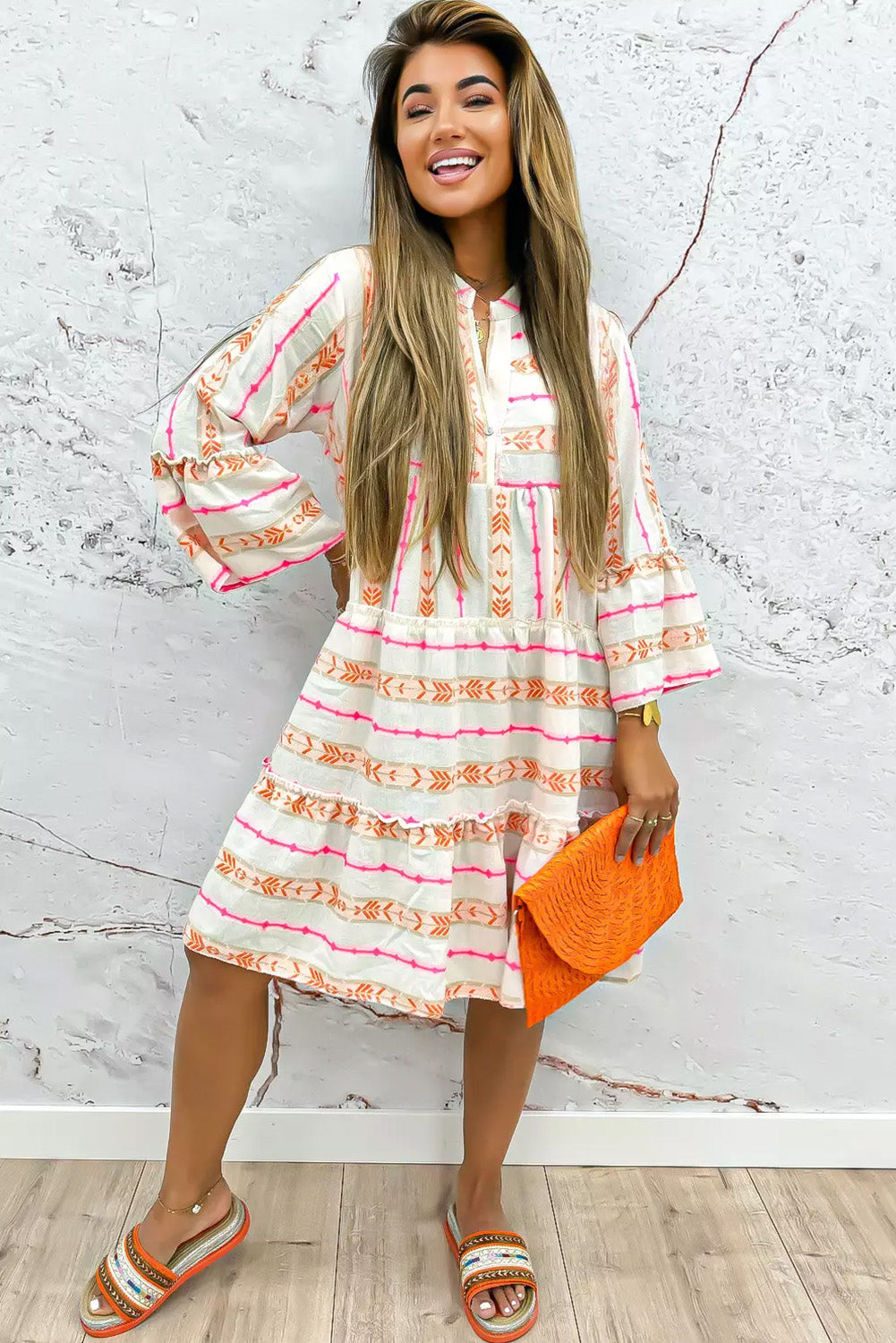 Orange Bohemian Split Neck Bracelet Sleeve Ruffle Mini Dress