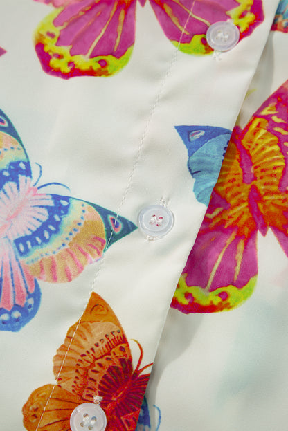 Multicolour Butterfly Print Button-up Shirt & Shorts Pajama Set