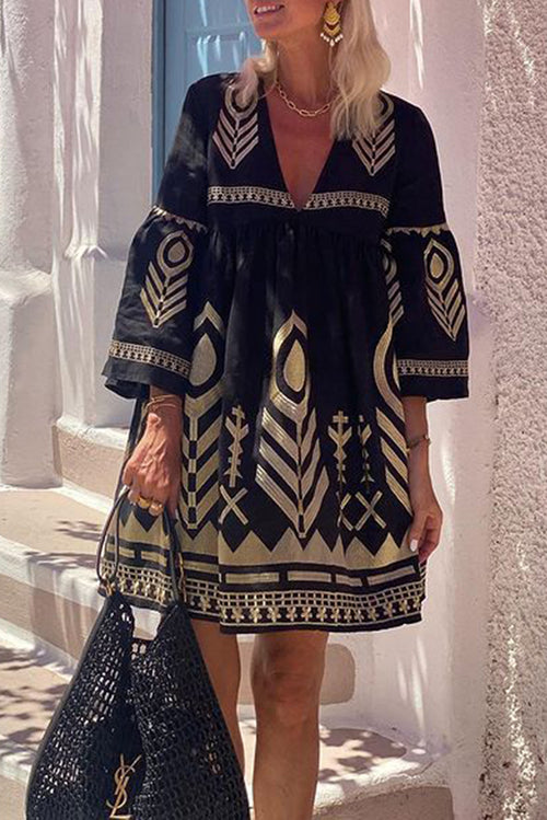 Black Ethnic Print V Neck Flared Sleeve Dress