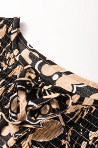 Black Boho Floral Smocked V Neck Bracelet Sleeve Blouse