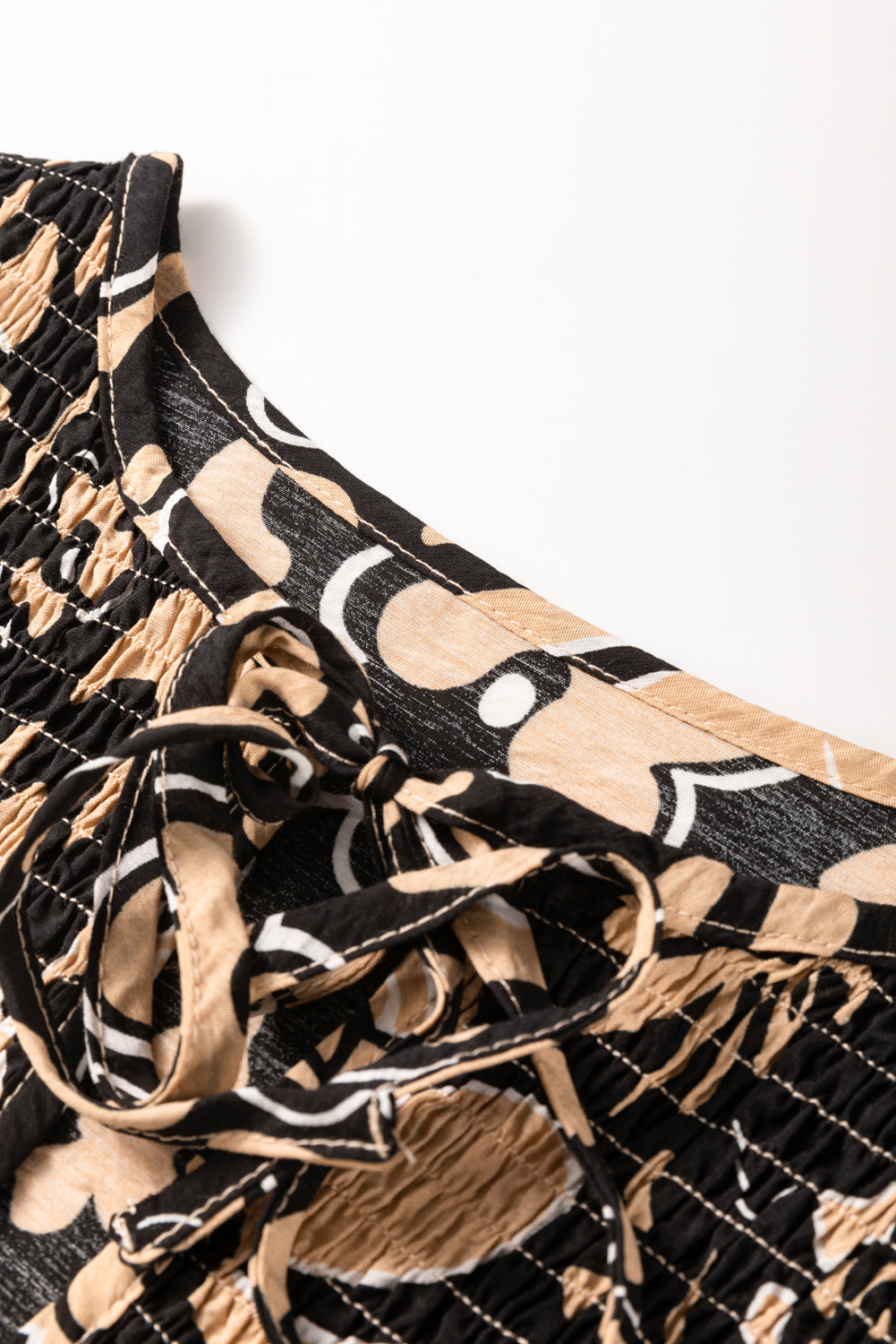 Black Boho Floral Smocked V Neck Bracelet Sleeve Blouse