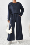 Dark Khaki Textured Loose Slouchy Long Sleeve Top and Pants Set