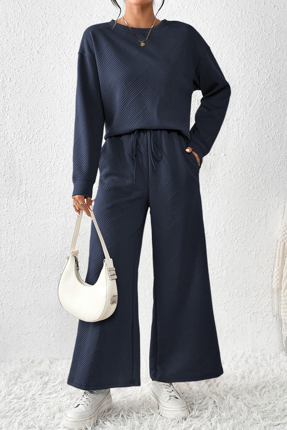 Dark Khaki Textured Loose Slouchy Long Sleeve Top and Pants Set