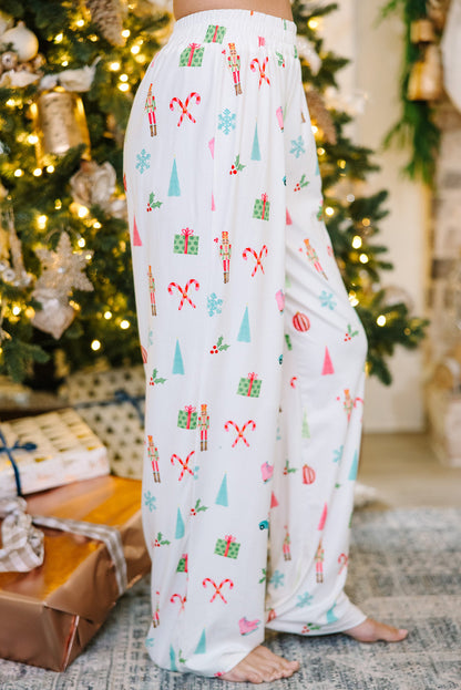 White Christmas Print Lapel Shirt and Pants Pajama Set