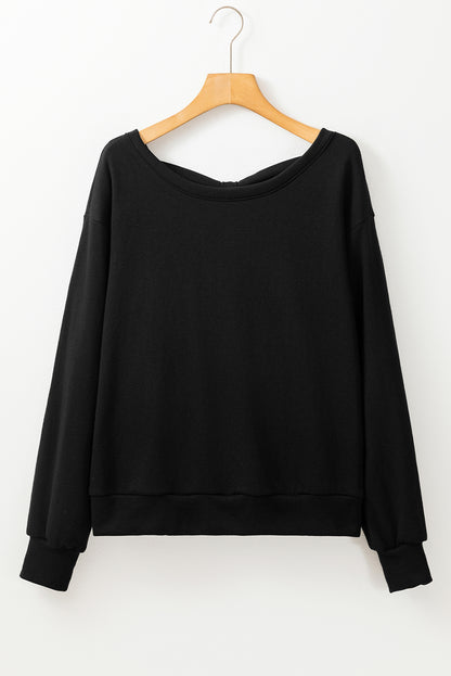 Black Bowknot Plain Round Neck Sweatshirt