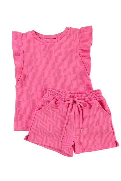 Bright Green Textured Ruffle Sleeve Tee & Drawstring Shorts Set