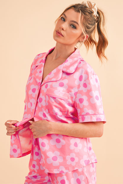 Pink Flower Print Buttoned Shirt and Drawstring Waist Pajama Set