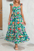 Pink Floral Print Sleeveless Ruffle Tiered Maxi Dress