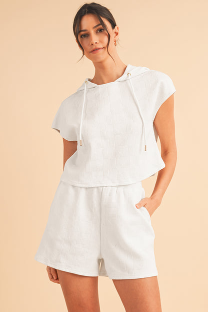 White Textured Cropped Hoodie and Pocketed Shorts Set