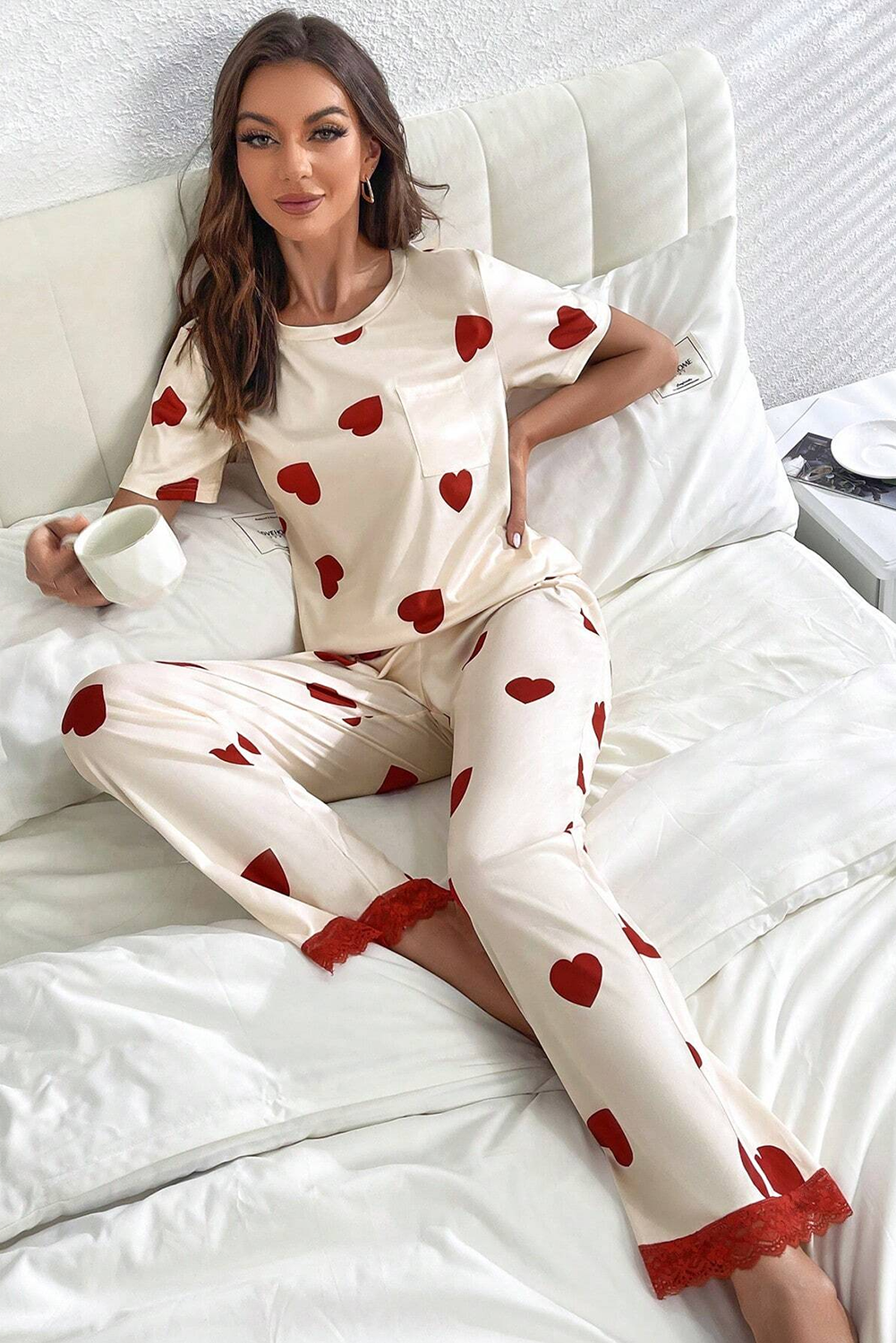 White Heart Print Tee and Lace Hem Pants Pajama Set