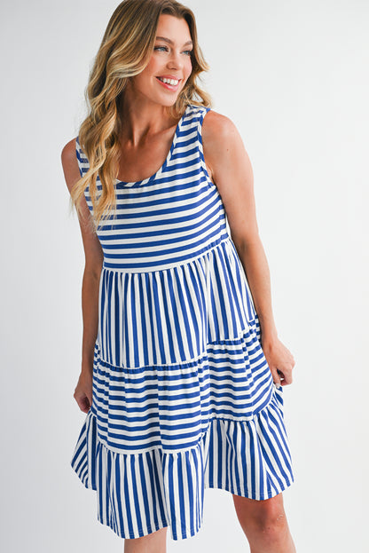 Rose Stripe U Neck Sleeveless Loose Fit Mini Dress