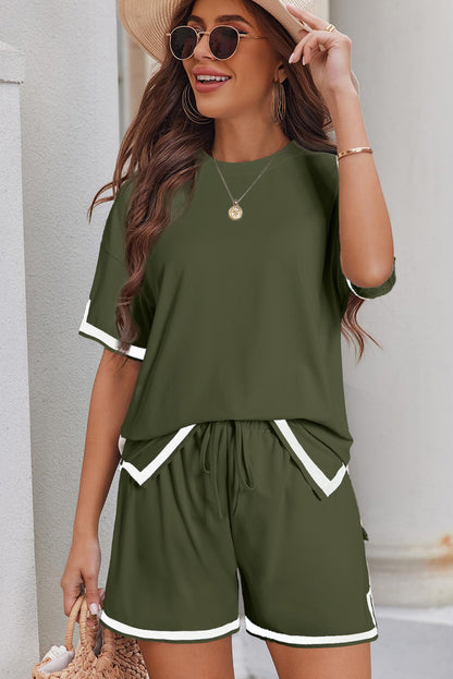 Apricot Contrast Trim Round Neck Tee and Drawstring Shorts Set