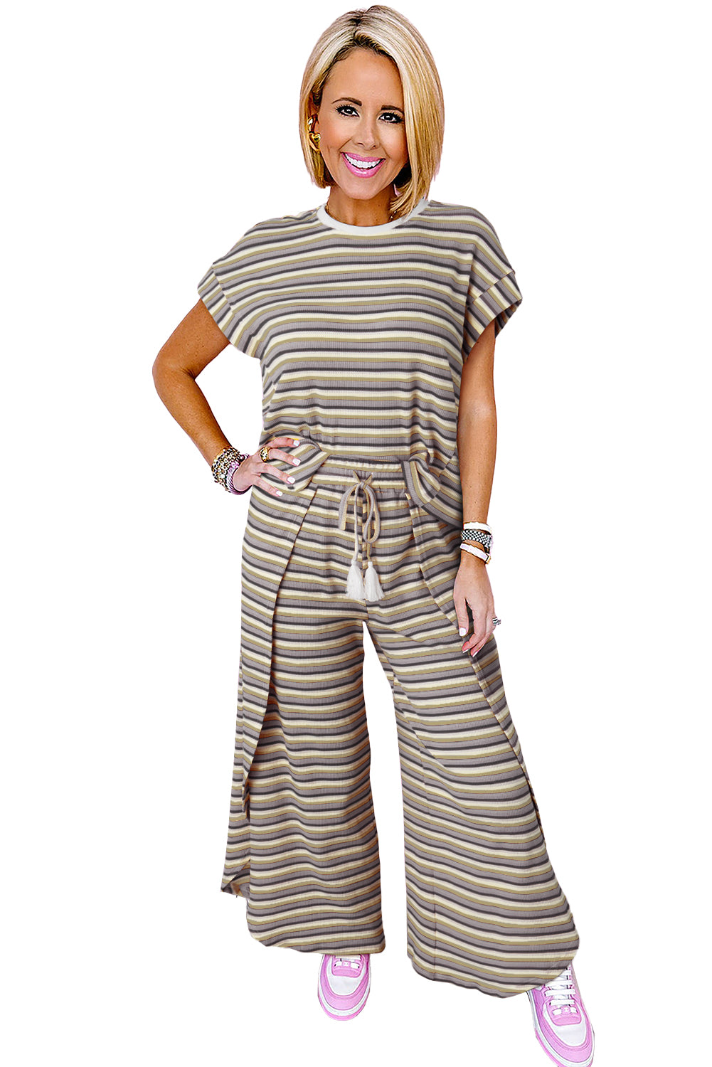 Pink Stripe Rainbow Tee and Tassel Drawstring Wide Leg Pants Set