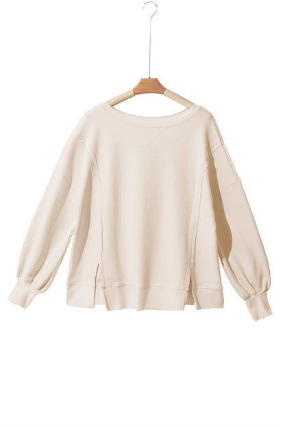 White Waffle Bishop Sleeve Split Oversized Sweatshirt