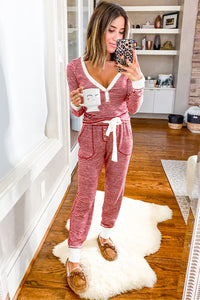 Red Stripe Buttoned V Neck Top and Knotted Waist Pants Pajama Set