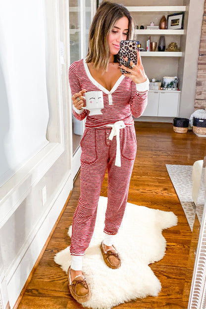 Red Stripe Buttoned V Neck Top and Knotted Waist Pants Pajama Set