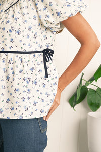 White Boho Ditsy Floral Puff Sleeve Pleated Shirt