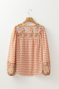Multicolour Boho Floral Puff Sleeve V-Neck Button Blouse