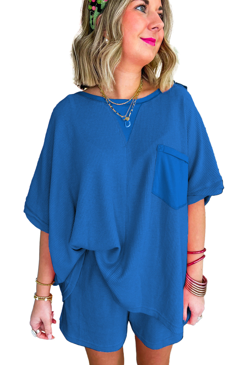 Sky Blue Waffle Knit Oversized Tee and Shorts Set