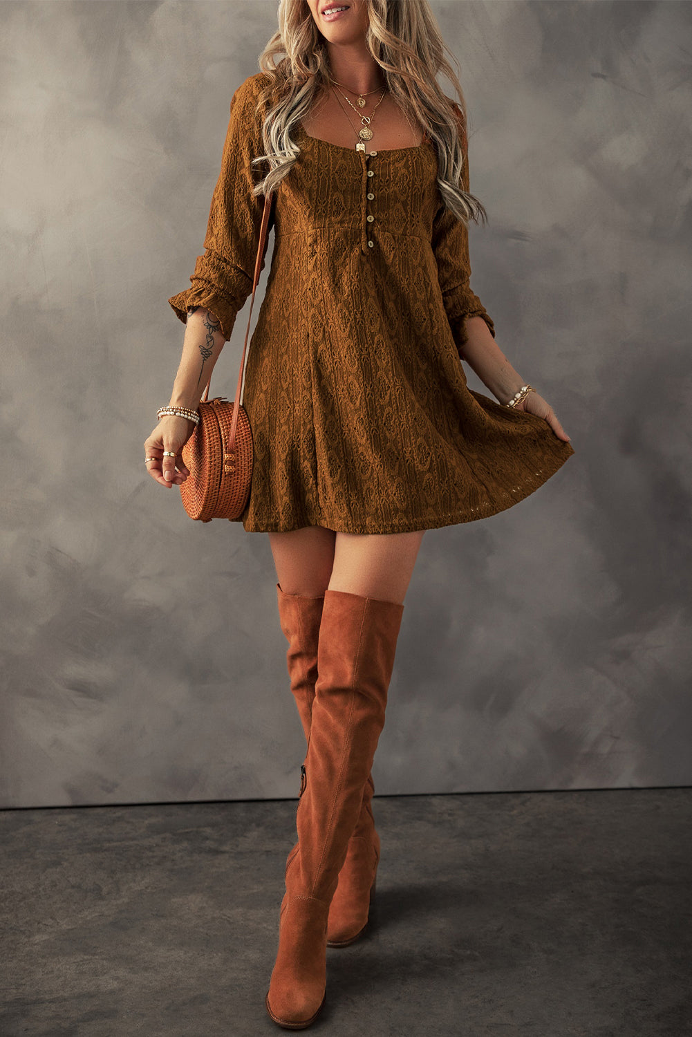 Chestnut Lace Crochet Buttoned Square Neck Mini Dress