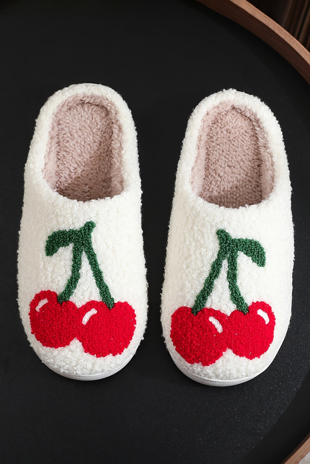 White Cute Fruit Cherry Open Heel Plush Slippers