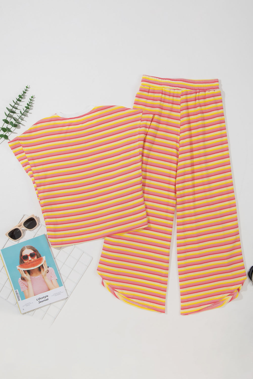 Pink Stripe Rainbow Tee and Tassel Drawstring Wide Leg Pants Set